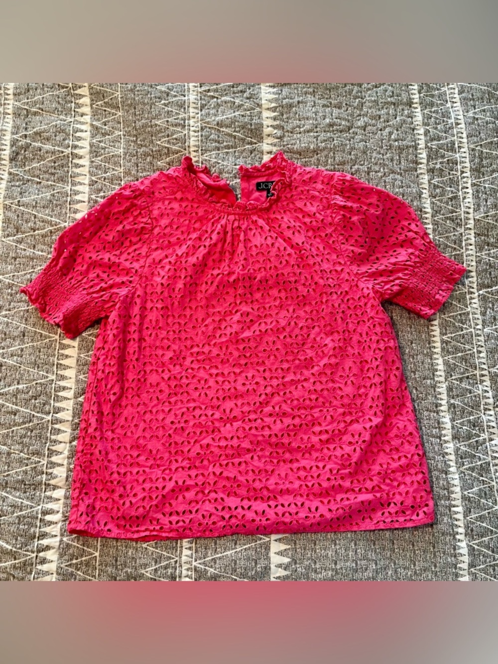 J.Crew Eyelet Blouse Pink Ruffle Neck Smocked Sleeve Top Size M